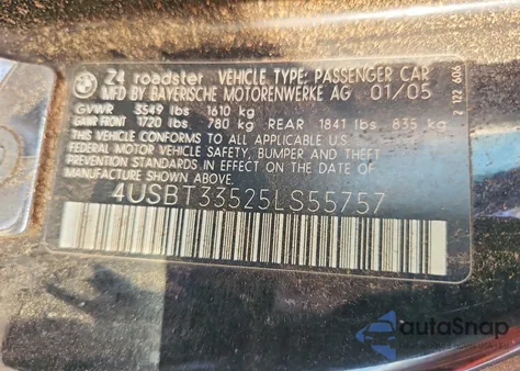 2005 BMW Z4 2.5 from USA, damaged, VIN 4USBT33525LS55757